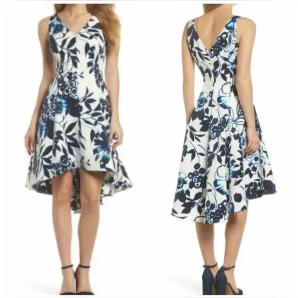 Eliza J White Floral Fit-and-Flare Dress with Blue & Black Print